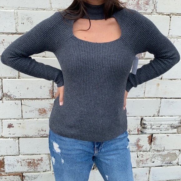 1. State Keyhole Gray Ribbed Sweater - Picture 2 of 6